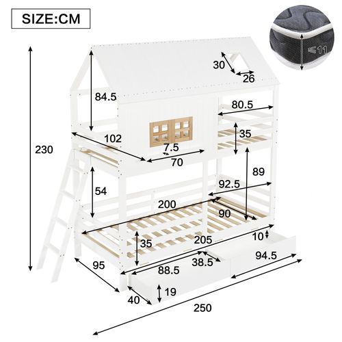 Lit Superposé Cabane 2x90x200cm Avec 2 Tiroirs Blanc