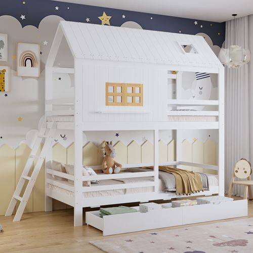 Lit Superposé Cabane 2x90x200cm Avec 2 Tiroirs Blanc