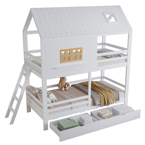Lit Superposé Cabane 2x90x200cm Avec 2 Tiroirs Blanc