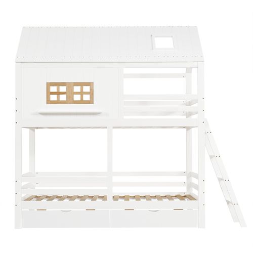 Lit Superposé Cabane 2x90x200cm Avec 2 Tiroirs Blanc