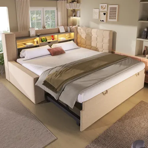 Lit Gigogne 90x200cm Avec LED, Tête De Lit En Forme De L Avec Espace De Rangement Lin Beige