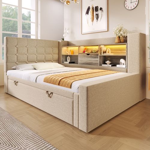 Lit Gigogne 90x200cm Avec LED, Tête De Lit En Forme De L Avec Espace De Rangement Lin Beige