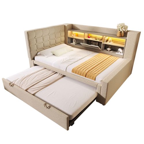 Lit Gigogne 90x200cm Avec LED, Tête De Lit En Forme De L Avec Espace De Rangement Lin Beige