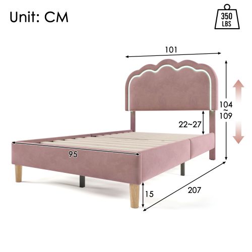 Lit Enfant Avec Éclairage LED-lit Simple 90x200 Cm-tête De Lit Réglable-en Velours-rose