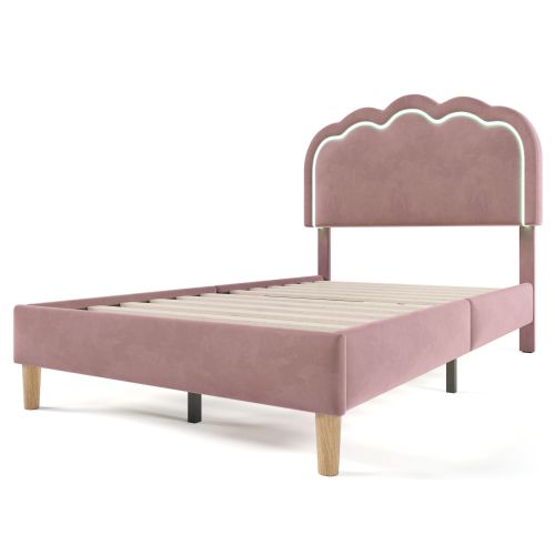 Lit Enfant Avec Éclairage LED-lit Simple 90x200 Cm-tête De Lit Réglable-en Velours-rose