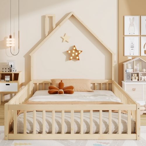 Lit Enfant 140x200 Cm-lit Cabane En Bois Massif-en Pin-avec Sommier à Lattes-naturel