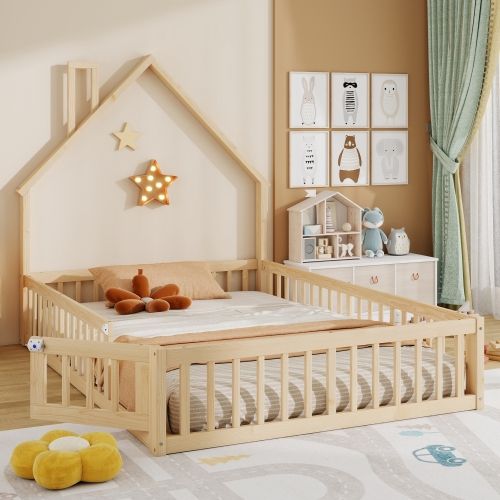 Lit Enfant 140x200 Cm-lit Cabane En Bois Massif-en Pin-avec Sommier à Lattes-naturel