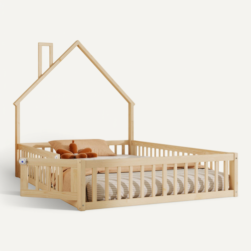 Lit Enfant 140x200 Cm-lit Cabane En Bois Massif-en Pin-avec Sommier à Lattes-naturel