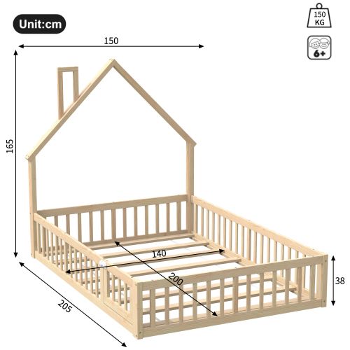 Lit Enfant 140x200 Cm-lit Cabane En Bois Massif-en Pin-avec Sommier à Lattes-naturel