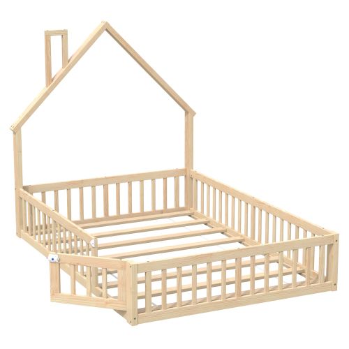Lit Enfant 140x200 Cm-lit Cabane En Bois Massif-en Pin-avec Sommier à Lattes-naturel