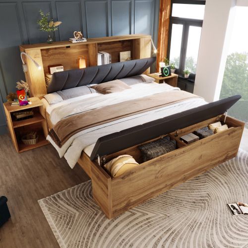 Lit Double 180x200 Cm-avec 2 Tables De Chevet Et Banquette-lampes De Lecture Avec Port USB-en Bois