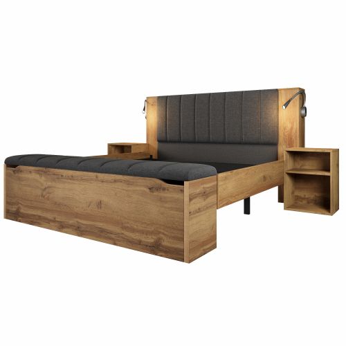 Lit Double 180x200 Cm-avec 2 Tables De Chevet Et Banquette-lampes De Lecture Avec Port USB-en Bois