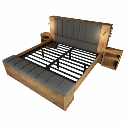 Lit Double 180x200 Cm-avec 2 Tables De Chevet Et Banquette-lampes De Lecture Avec Port USB-en Bois