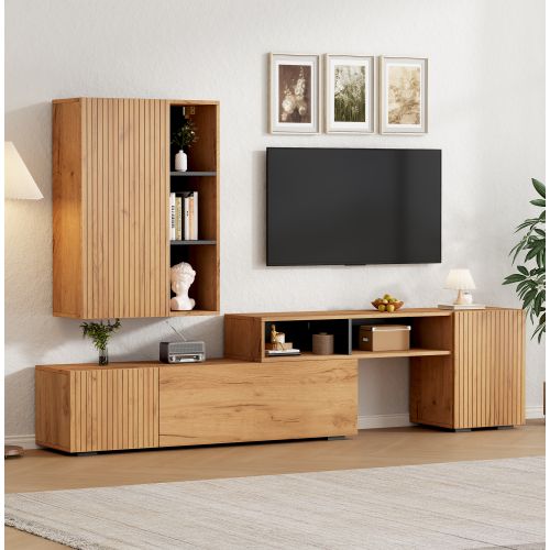 Ensemble Meuble TV Mural Avec Vitrine-pose Libre Ou Fixation Murale-jusqu'à 120 Pouces-bois Et Noir