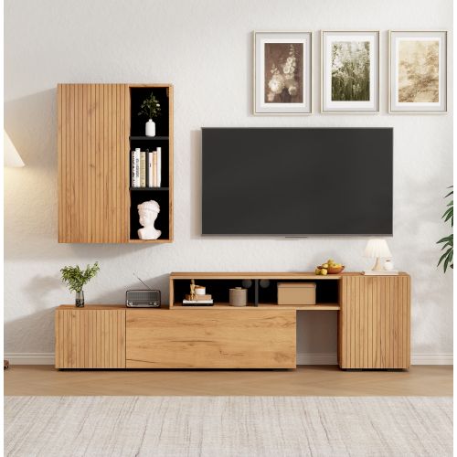 Ensemble Meuble TV Mural Avec Vitrine-pose Libre Ou Fixation Murale-jusqu'à 120 Pouces-bois Et Noir