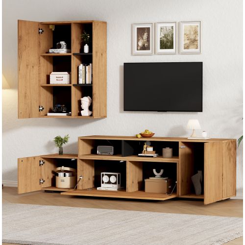 Ensemble Meuble TV Mural Avec Vitrine-pose Libre Ou Fixation Murale-jusqu'à 120 Pouces-bois Et Noir