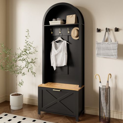 Vestiaire Avec Range-chaussures-étagère Et Patères-meuble D'entrée-structure Robuste En Bois-noir