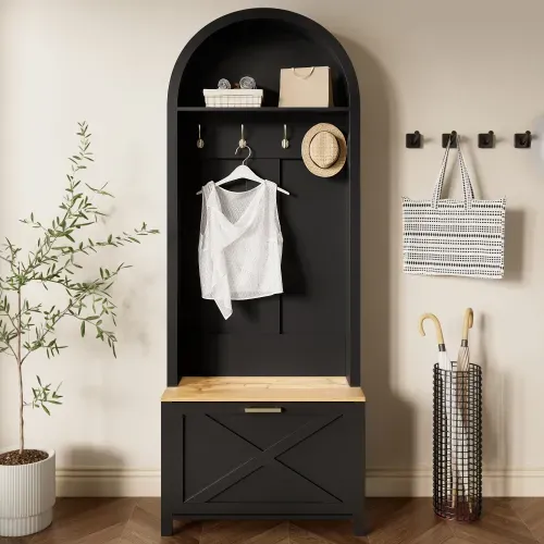 Vestiaire Avec Range-chaussures-étagère Et Patères-meuble D'entrée-structure Robuste En Bois-noir