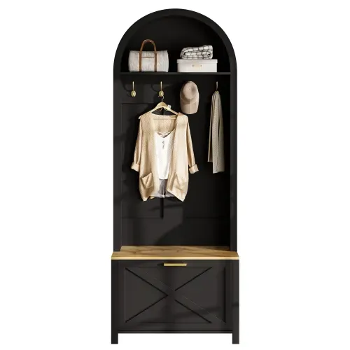Vestiaire Avec Range-chaussures-étagère Et Patères-meuble D'entrée-structure Robuste En Bois-noir