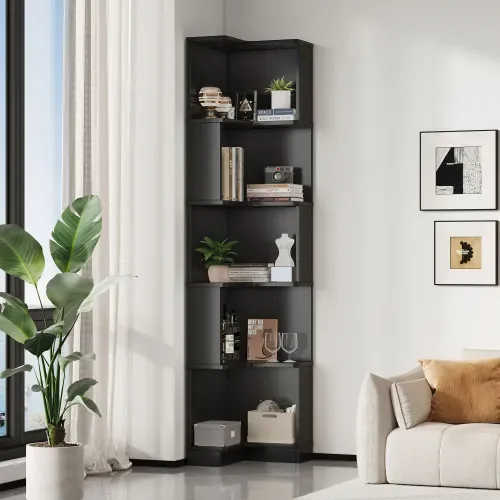 Bibliothèque D'angle H175 Cm-en L-vitrine LED Réglable-5 Niveaux De Rangement-noir