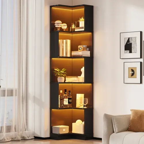 Bibliothèque D'angle H175 Cm-en L-vitrine LED Réglable-5 Niveaux De Rangement-noir