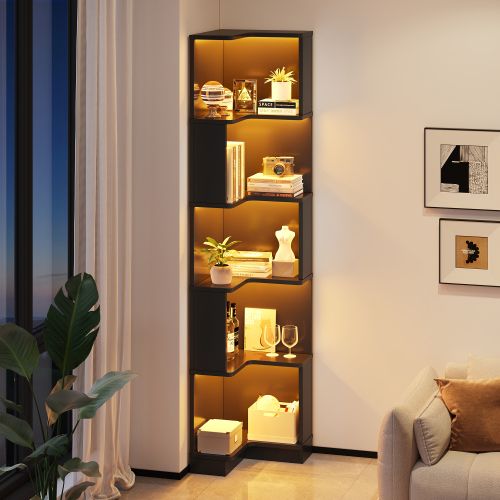 Bibliothèque D'angle H175 Cm-en L-vitrine LED Réglable-5 Niveaux De Rangement-noir