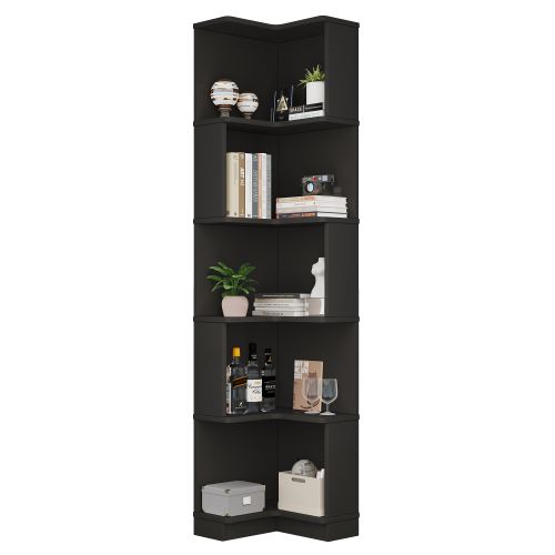Bibliothèque D'angle H175 Cm-en L-vitrine LED Réglable-5 Niveaux De Rangement-noir