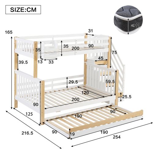 Lit Superposé 90 X 200 Cm-lit Enfant Avec Barrière-lit Gigogne-escalier D'angle-en Bois Massif-blanc