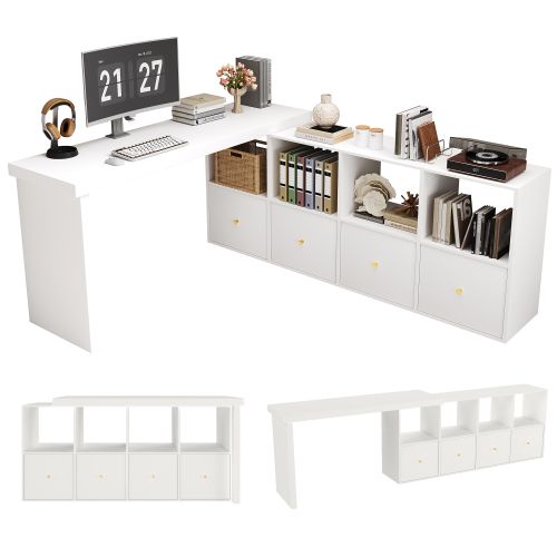 Bureau D'angle-plateau Pivotant à 360°-configuration En L Ou Droite-en Mdf-4 Tiroirs-blanc