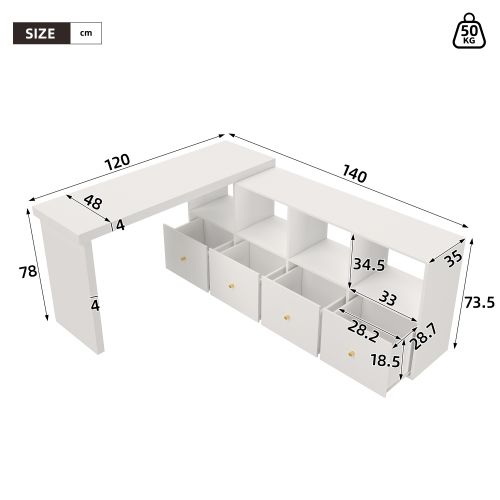 Bureau D'angle-plateau Pivotant à 360°-configuration En L Ou Droite-en Mdf-4 Tiroirs-blanc