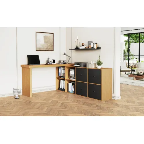 Bureau D'angle-plateau Pivotant à 360°-configuration En L Ou Droite-en Mdf-4 Tiroirs-naturel
