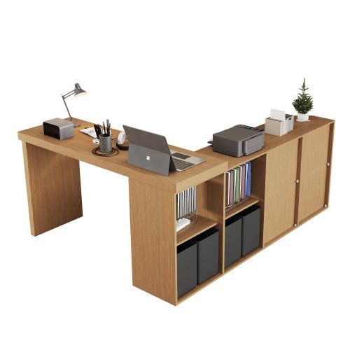 Bureau D'angle-plateau Pivotant à 360°-configuration En L Ou Droite-en Mdf-4 Tiroirs-naturel