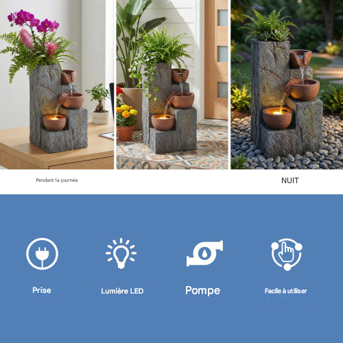 Fontaine De Jardin-décoration De Jardin-cascade 230V-3 Bassins Avec Eau Courante-Gris