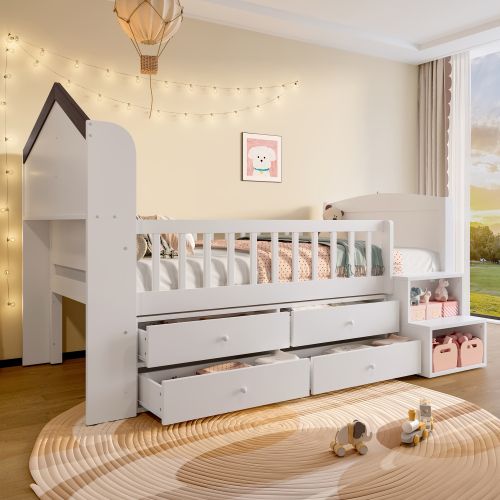 Lit Mi-hauteur 90 X 200 Cm-lit Enfant LED-4 Tiroirs-échelle De Rangement-blanc