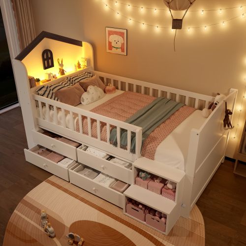 Lit Mi-hauteur 90 X 200 Cm-lit Enfant LED-4 Tiroirs-échelle De Rangement-blanc