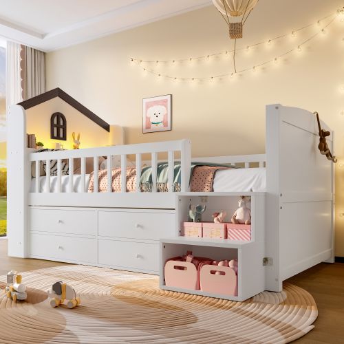 Lit Mi-hauteur 90 X 200 Cm-lit Enfant LED-4 Tiroirs-échelle De Rangement-blanc