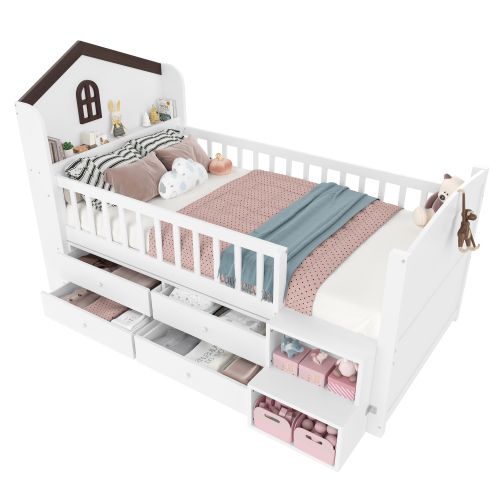 Lit Mi-hauteur 90 X 200 Cm-lit Enfant LED-4 Tiroirs-échelle De Rangement-blanc