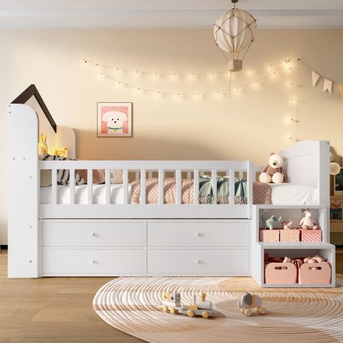 Lit Mi-hauteur 90 X 200 Cm-lit Enfant LED-4 Tiroirs-échelle De Rangement-blanc