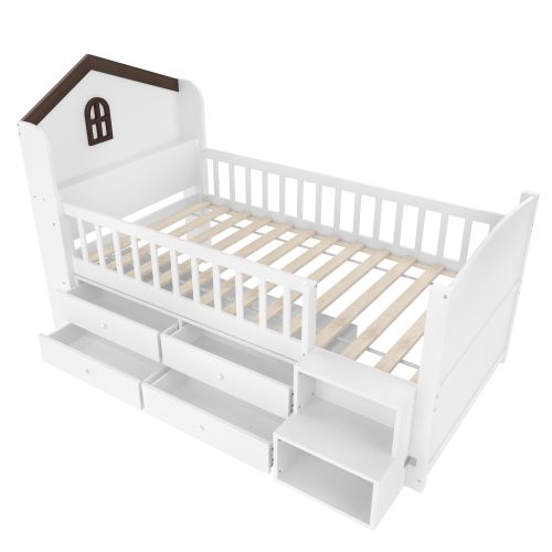Lit Mi-hauteur 90 X 200 Cm-lit Enfant LED-4 Tiroirs-échelle De Rangement-blanc