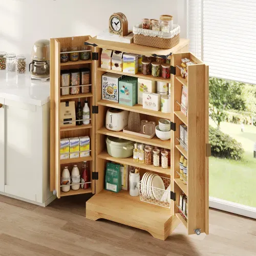 Meuble De Cuisine 120x60.5x40cm-led-buffet De Cuisine Avec Étagères Réglables-en Bois-naturel