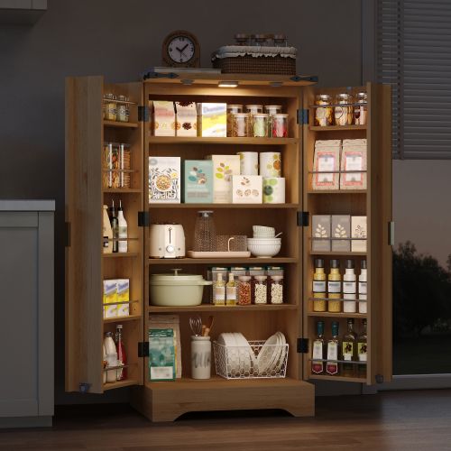 Meuble De Cuisine 120x60.5x40cm-led-buffet De Cuisine Avec Étagères Réglables-en Bois-naturel