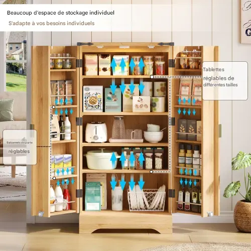 Meuble De Cuisine 120x60.5x40cm-led-buffet De Cuisine Avec Étagères Réglables-en Bois-naturel