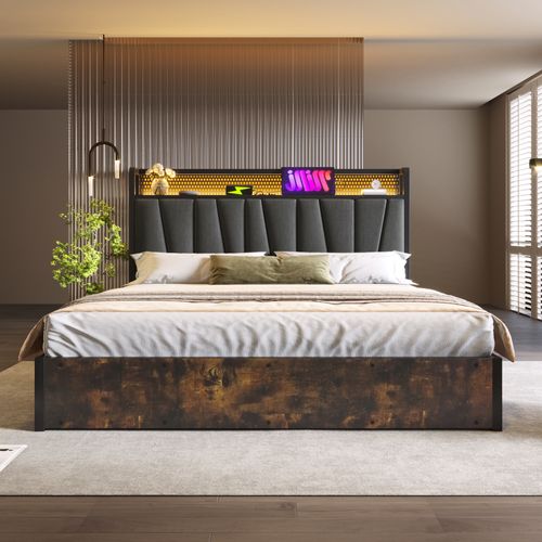 Lit Coffre 140 X 200cm Avec USB Et LED Lin Style Industriel