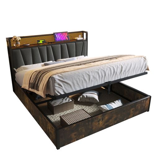 Lit Coffre 140 X 200cm Avec USB Et LED Lin Style Industriel