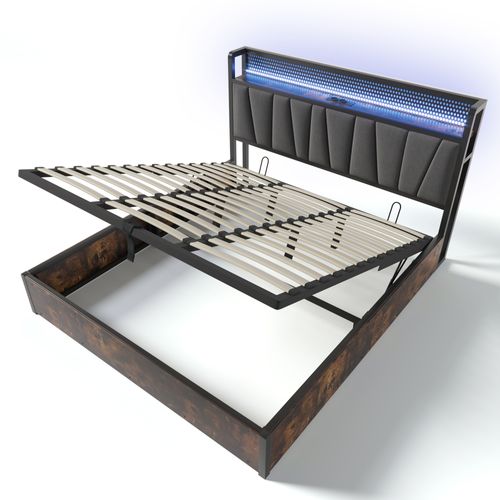 Lit Coffre 140 X 200cm Avec USB Et LED Lin Style Industriel
