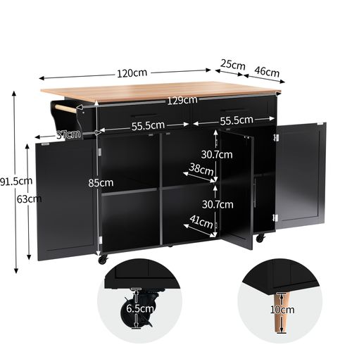 Ilot Central Cuisine Comptoir Avec 3 Portes, 2 Tiroirs Et Bureau Pliable Noir