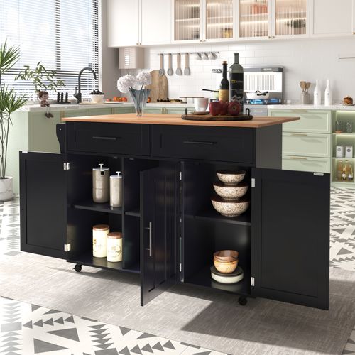 Ilot Central Cuisine Comptoir Avec 3 Portes, 2 Tiroirs Et Bureau Pliable Noir