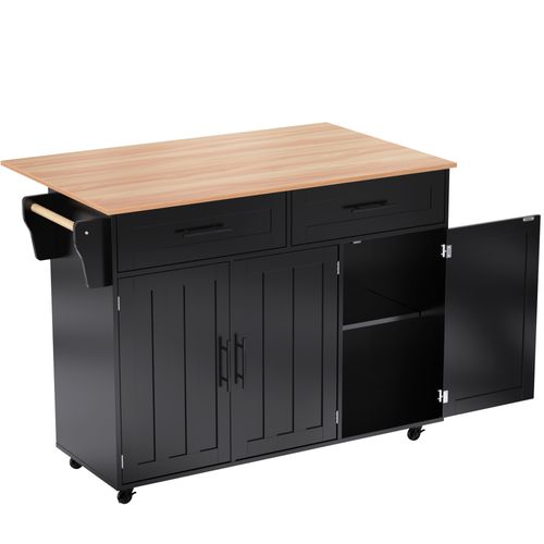 Ilot Central Cuisine Comptoir Avec 3 Portes, 2 Tiroirs Et Bureau Pliable Noir