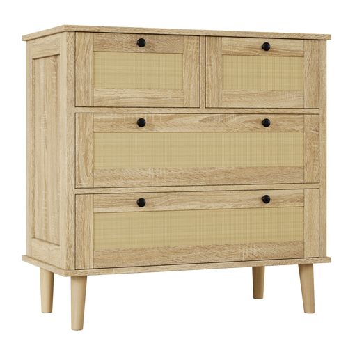 Buffet Avec 4 Tiroirs En Rotin Imitation Chêne