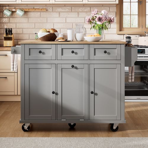 Ilot Central Cuisine Comptoir Avec 3 Tiroirs Et 2 Portes Gris